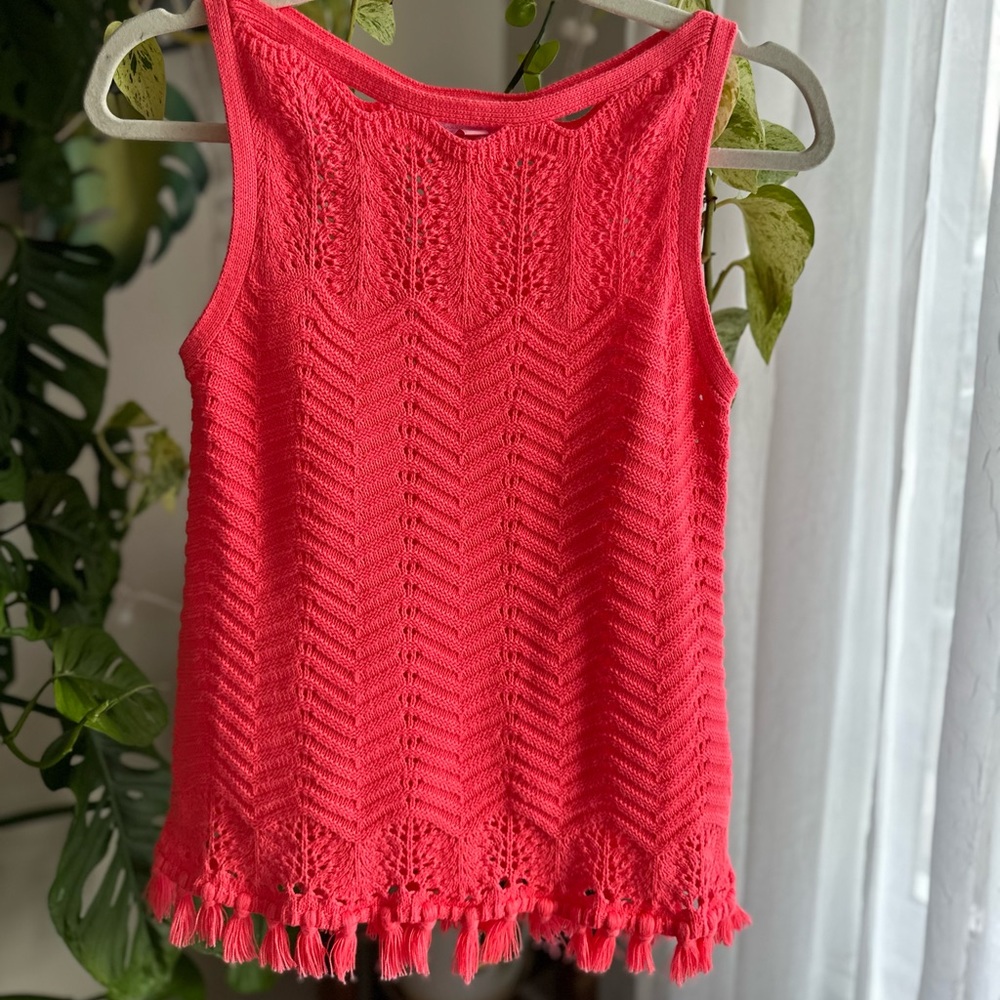 Lilly Pulitzer Women’s Fringe Hem Open Knit Brooklin Sweater Top Bright Pink
